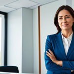 A professional rehabilitation counselor in a modest business suit, standing confidently in a brightly lit, modern office within a rehabilitation center. The counselor has a supportive and focused expression. The environment features professional office furniture and a clean, organized backdrop, implying a structured approach to problem-solving. fully clothed, appropriate attire, safe for work, perfect anatomy, correct proportions, well-formed hands, proper finger count, natural body proportions, professional, modest, family-friendly.