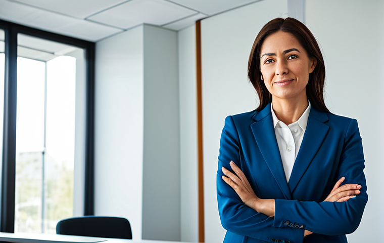 A professional rehabilitation counselor in a modest business suit, standing confidently in a brightly lit, modern office within a rehabilitation center. The counselor has a supportive and focused expression. The environment features professional office furniture and a clean, organized backdrop, implying a structured approach to problem-solving. fully clothed, appropriate attire, safe for work, perfect anatomy, correct proportions, well-formed hands, proper finger count, natural body proportions, professional, modest, family-friendly.