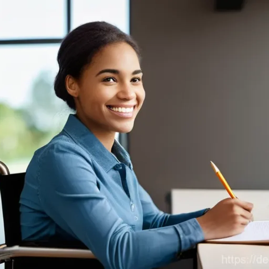 장애인재활상담사와 커뮤니티 연계 - **Prompt:** A heartwarming and empowering scene showing a young adult with a visible physical disabi...