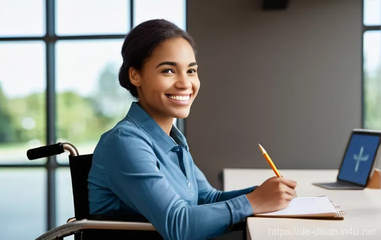 장애인재활상담사와 커뮤니티 연계 - **Prompt:** A heartwarming and empowering scene showing a young adult with a visible physical disabi...