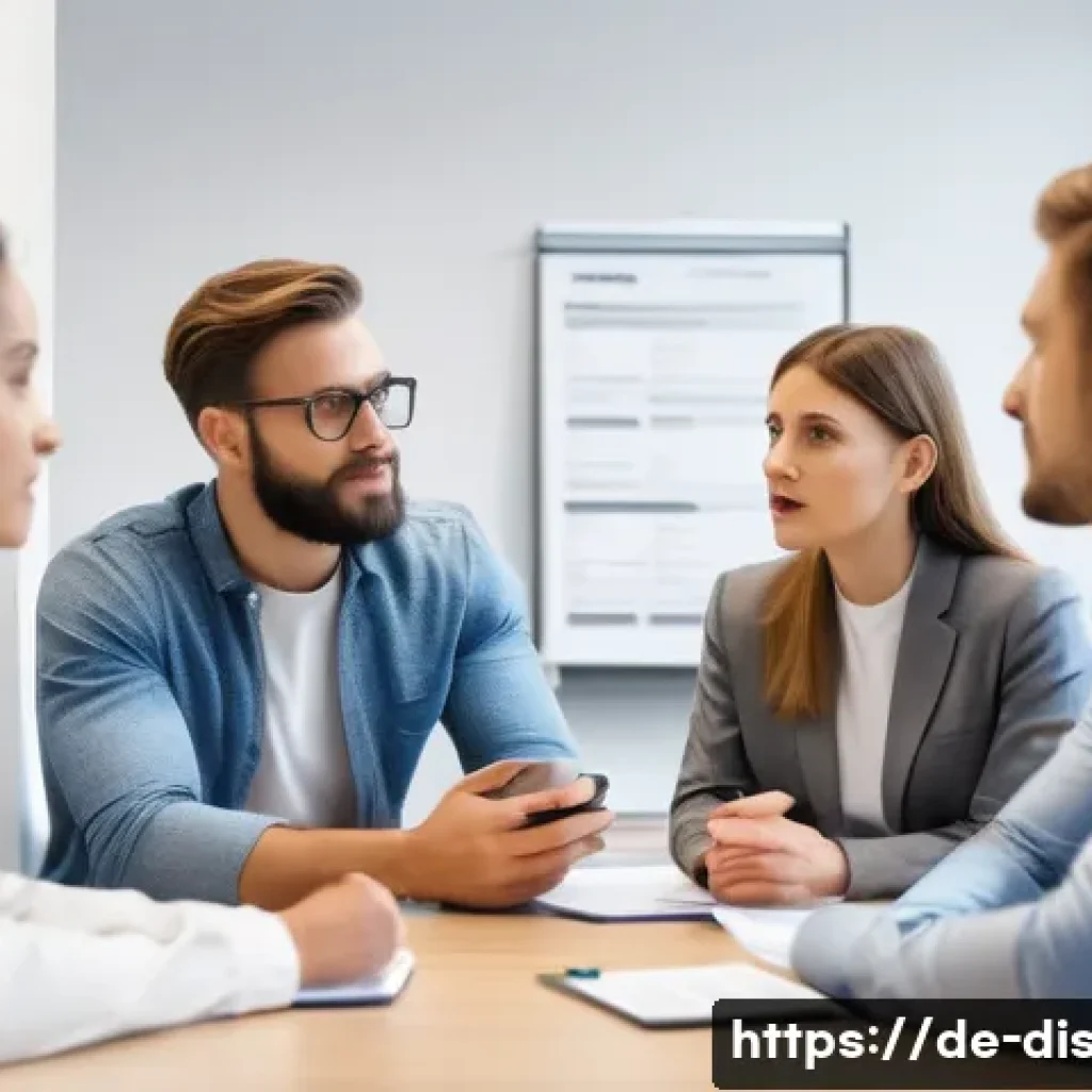 장애인재활상담사 실기시험 준비 - A professional group of rehabilitation counselors in a modern German office environment, engaged in ...