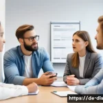 장애인재활상담사 실기시험 준비 - A professional group of rehabilitation counselors in a modern German office environment, engaged in ...