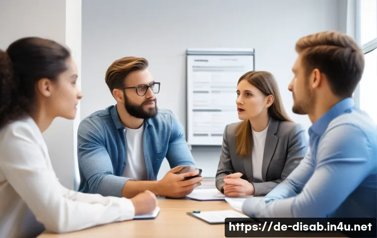 장애인재활상담사 실기시험 준비 - A professional group of rehabilitation counselors in a modern German office environment, engaged in ...