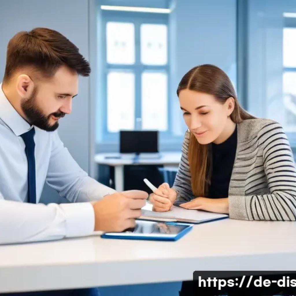 장애인재활상담사 교육과정 - A professional rehabilitation counselor in a modern German social services office, engaging empathet...