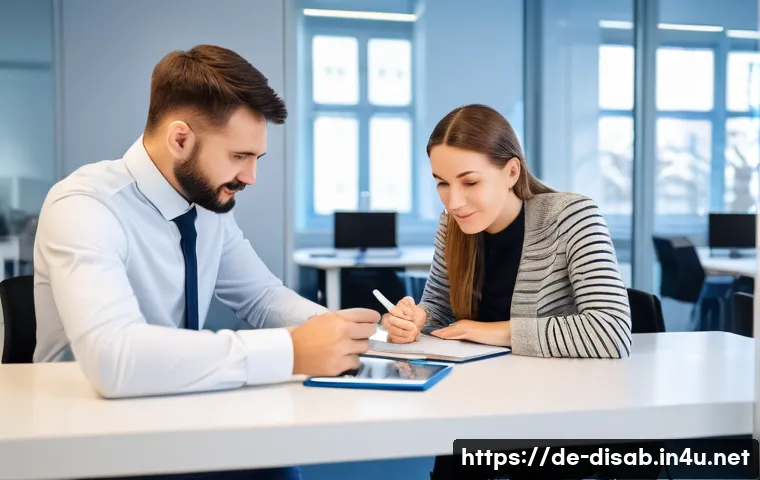 장애인재활상담사 교육과정 - A professional rehabilitation counselor in a modern German social services office, engaging empathet...
