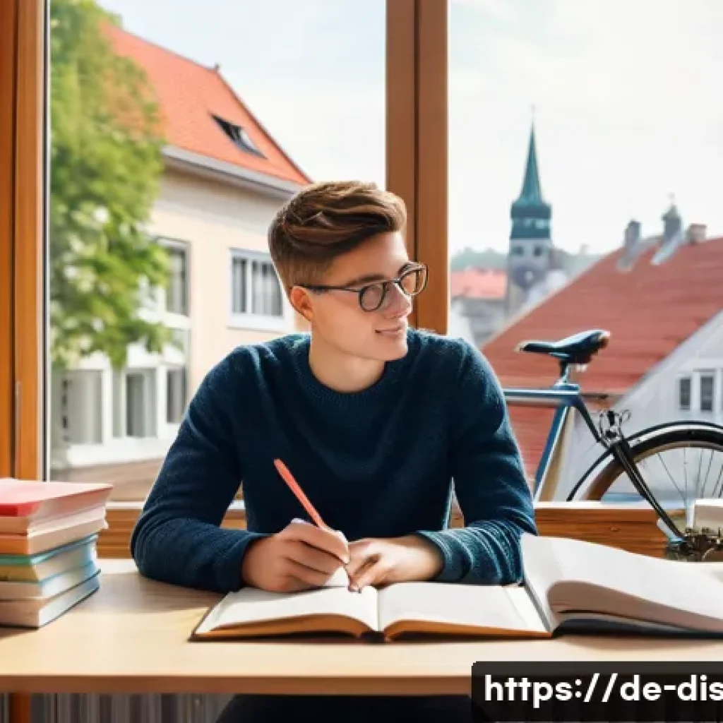 장애인재활상담사 시험 대비법 - A modern study room scene featuring a young adult German student sitting at a wooden desk in the mor...