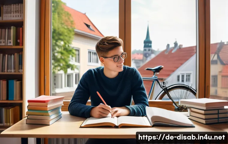 장애인재활상담사 시험 대비법 - A modern study room scene featuring a young adult German student sitting at a wooden desk in the mor...
