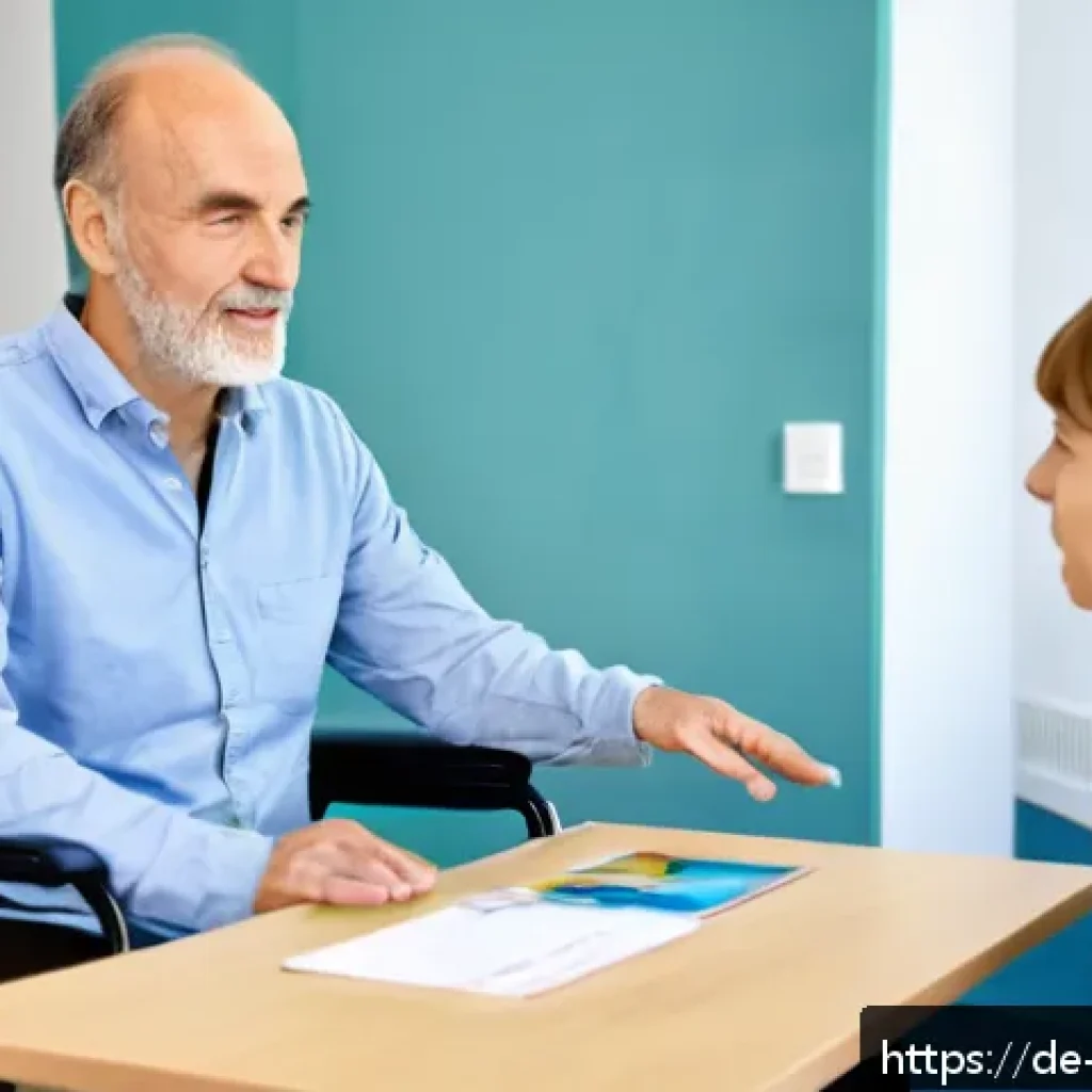 장애인재활상담사와 언어치료사 협력 - A modern rehabilitation therapy room in Germany featuring a speech therapist and a rehabilitation co...