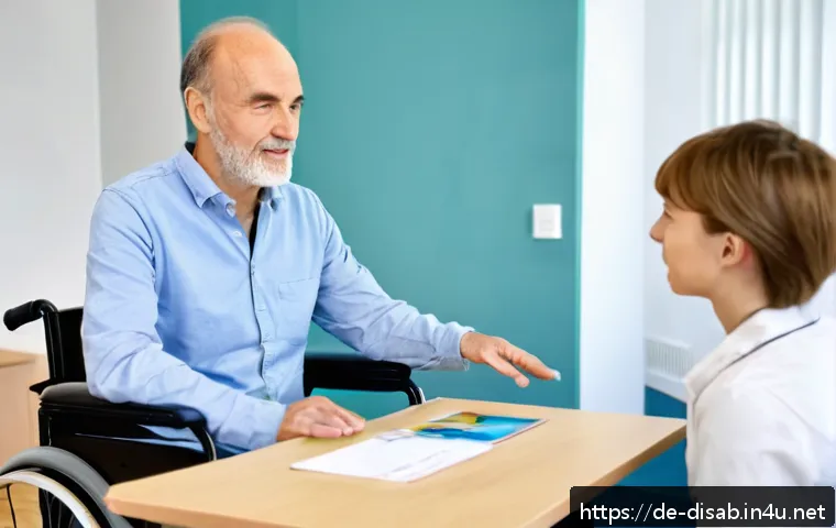 장애인재활상담사와 언어치료사 협력 - A modern rehabilitation therapy room in Germany featuring a speech therapist and a rehabilitation co...
