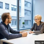 장애인재활상담사와 장애인 자립 - A professional rehabilitation counselor in a bright, modern German office warmly engaging in a one-o...