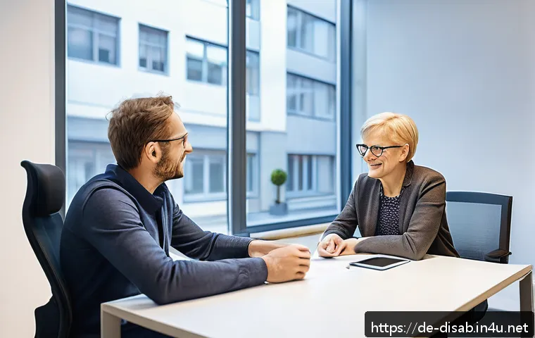 장애인재활상담사와 장애인 자립 - A professional rehabilitation counselor in a bright, modern German office warmly engaging in a one-o...