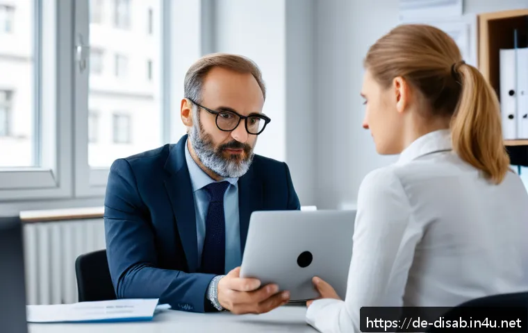 장애인재활상담사 근무환경 - A professional rehabilitation counselor in a modern German office environment, engaged in a focused ...