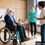 장애인재활상담사와 사회 변화 사례 - A professional rehabilitation counselor engaging warmly with a diverse group of adult clients with v...