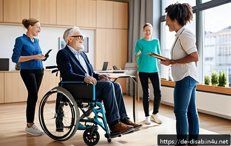장애인재활상담사와 사회 변화 사례 - A professional rehabilitation counselor engaging warmly with a diverse group of adult clients with v...
