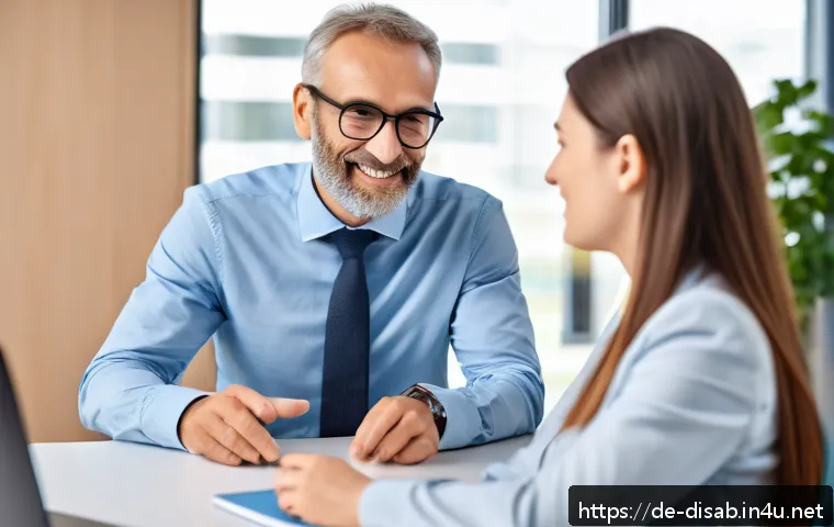 장애인재활상담사 직무별 역량 평가 - A professional rehabilitation counselor engaging in a warm and empathetic conversation with a middle...