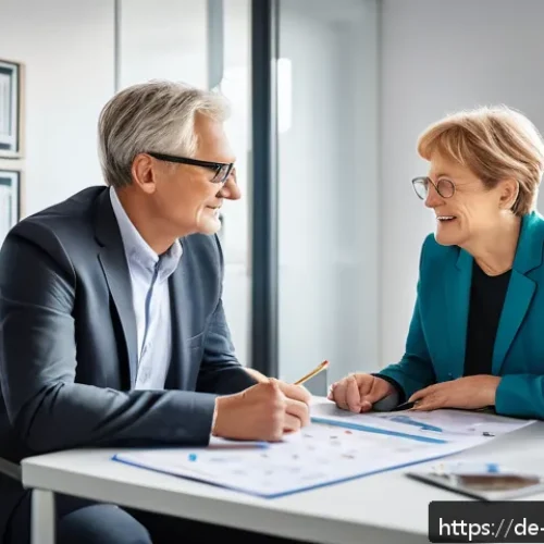 장애인재활상담사 복지 정보 - A professional rehabilitation counselor meeting with a middle-aged German client in a modern office ...