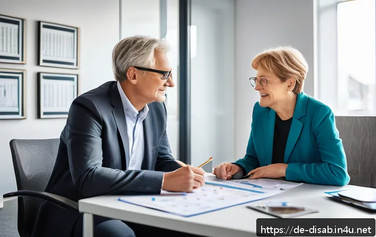 장애인재활상담사 복지 정보 - A professional rehabilitation counselor meeting with a middle-aged German client in a modern office ...