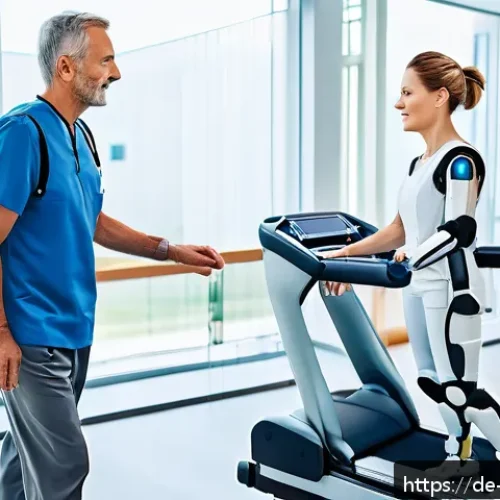 장애인재활상담사와 신체 장애 지원 - A modern rehabilitation clinic scene featuring a middle-aged patient wearing a sleek robotic exoskel...