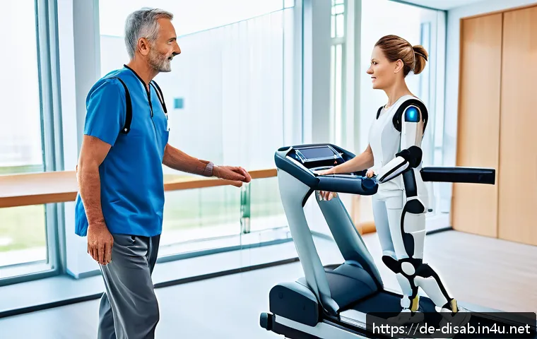 장애인재활상담사와 신체 장애 지원 - A modern rehabilitation clinic scene featuring a middle-aged patient wearing a sleek robotic exoskel...