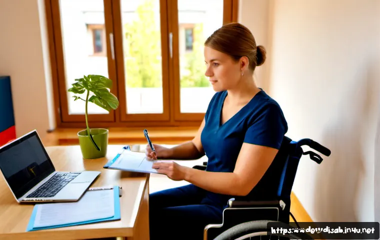 장애인재활상담사 자격취득 후기 - Photorealistic German rehabilitation counselor trainee in her early 30s sitting at a tidy home offic...