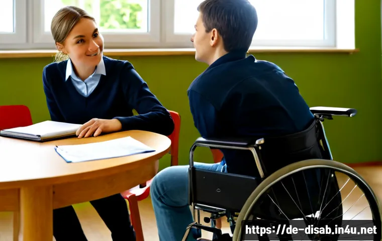 장애인재활상담사 실습 후기 - Photorealistic scene inside a modern German vocational rehabilitation center, a young adult rehabili...